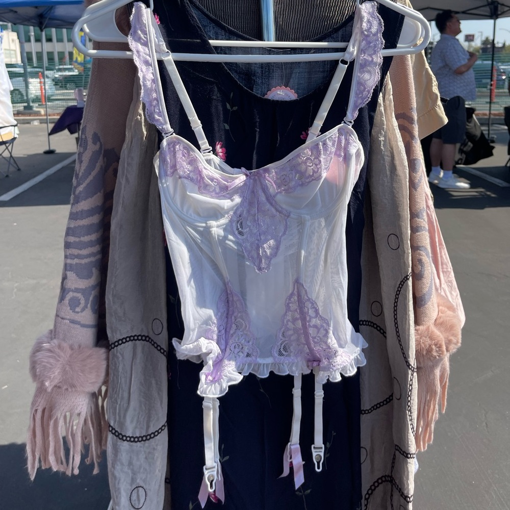 Frederick's of Hollywood Purple and White Corset with Ruffle Details